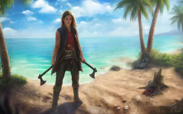4K Ultra HD PC desktop wallpaper: an elf woman warrior pirate on a sunlit tropical beach, dual axes in hand, waves and palm trees behind her.