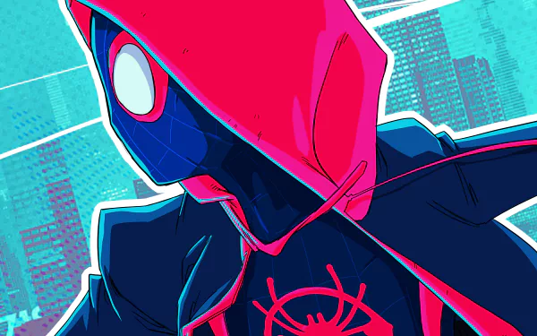 HD desktop wallpaper featuring Miles Morales as Spider-Man from the movie Spider-Man: Into The Spider-Verse, wearing his signature red and black suit with a red hood against a cityscape background.