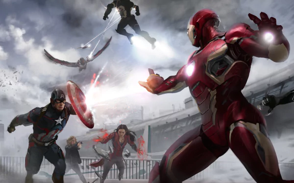 4K Ultra HD wallpaper featuring Marvel heroes Clint Barton, Wanda Maximoff, Falcon, Scarlet Witch, War Machine, Vision, Winter Soldier, Hawkeye, Black Widow, Black Panther, Captain America, and Iron Man from Captain America: Civil War.