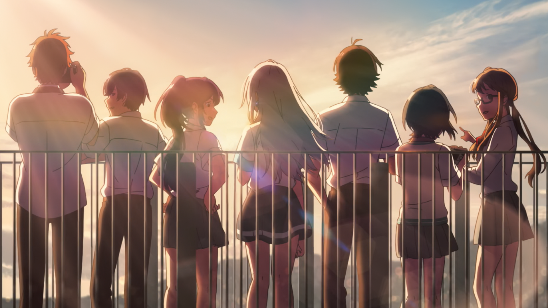 HD PC desktop wallpaper from the anime Iroduku: The World in Colors, featuring seven characters standing by a railing at sunset with a warm, glowing sky.