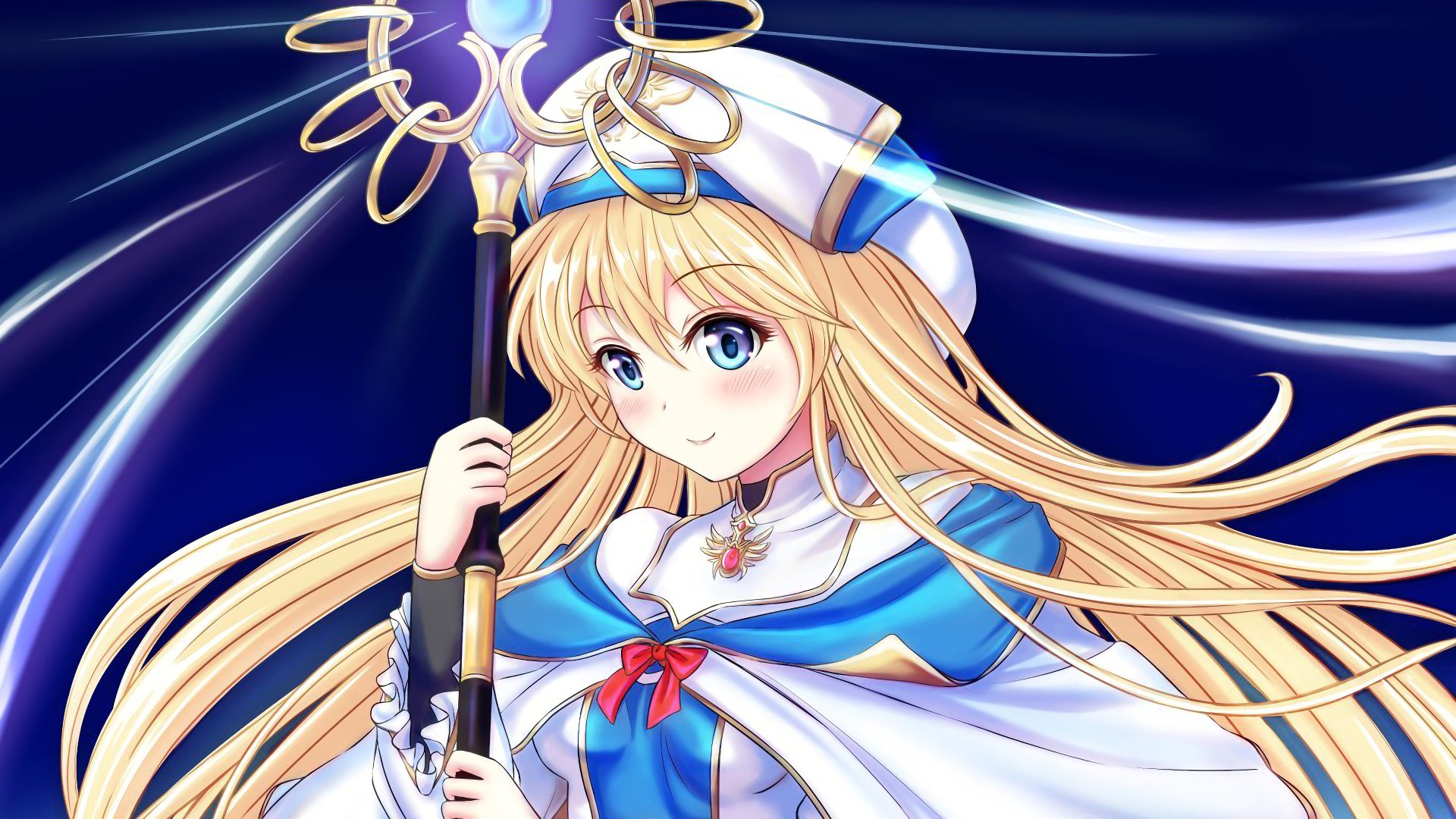 Sword Maiden from Goblin Slayer anime, depicted in vibrant 4K Ultra HD as a detailed PC desktop wallpaper with flowing blonde hair and a magical staff.