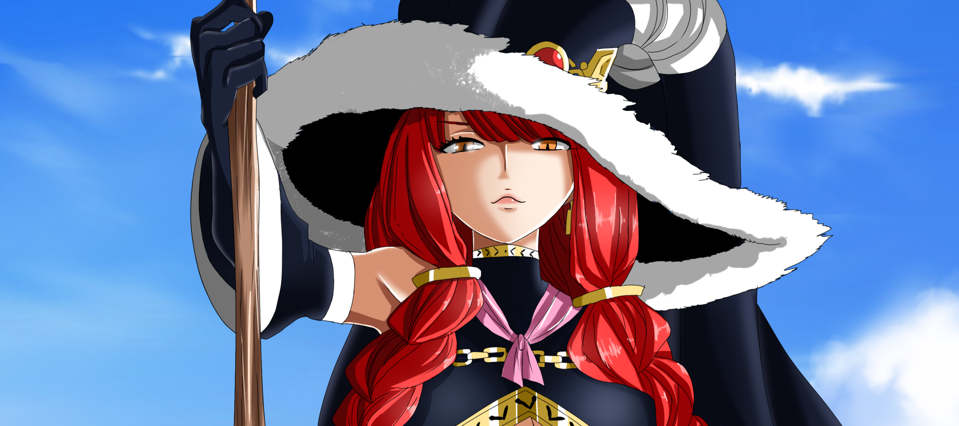 HD anime desktop wallpaper featuring Irene Belserion from Fairy Tail, showcasing her red hair, distinctive hat, and confident expression against a blue sky background.