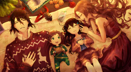 4K Ultra HD Bleach anime PC wallpaper: Orihime Inoue and Ulquiorra Cifer reclining with two children on a cozy blanket, bathed in warm golden light.