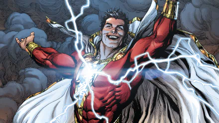 HD PC desktop wallpaper featuring Shazam (Billy Batson) from DC Comics, depicted with lightning and a confident expression in vibrant comic art style.