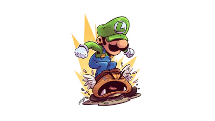 HD PC desktop wallpaper: Luigi from the Super Mario Bros. video game stomps a winged Goomba, cartoon motion lines and impact marks on a white background.
