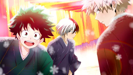 Katsuki Bakugou, Shoto Todoroki and Izuku Midoriya from My Hero Academia in traditional robes against a warm, glowing backdrop — 2K Quad HD PC desktop wallpaper/background.