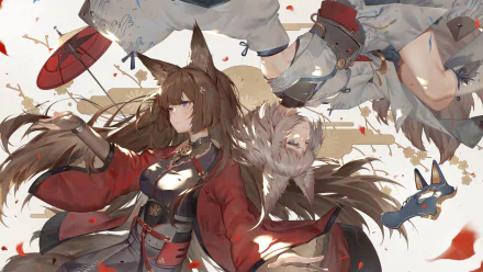 HD desktop wallpaper featuring Amagi and Kaga from Azur Lane, depicted in dynamic poses with intricate red and white costumes, surrounded by falling leaves and fox spirits.