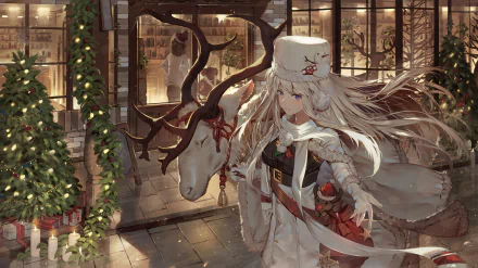 HD desktop wallpaper featuring Enterprise from Azur Lane in a winter-themed scene with festive decorations and a white reindeer.