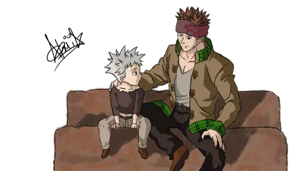 Anime HD PC desktop wallpaper: Zhivago and young Ban from The Seven Deadly Sins sit on a couch, Zhivago resting a hand on Ban's shoulder.