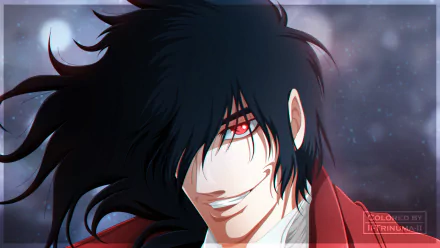 HD PC desktop wallpaper of Alucard (Hellsing): anime close-up with red eyes, dark hair, sinister smile and red coat against a moody, starry background.