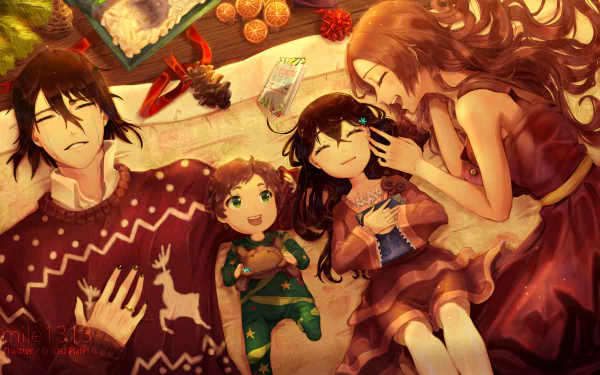 4K Ultra HD Bleach anime PC wallpaper: Orihime Inoue and Ulquiorra Cifer reclining with two children on a cozy blanket, bathed in warm golden light.