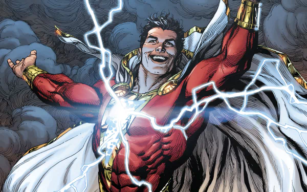 HD PC desktop wallpaper featuring Shazam (Billy Batson) from DC Comics, depicted with lightning and a confident expression in vibrant comic art style.