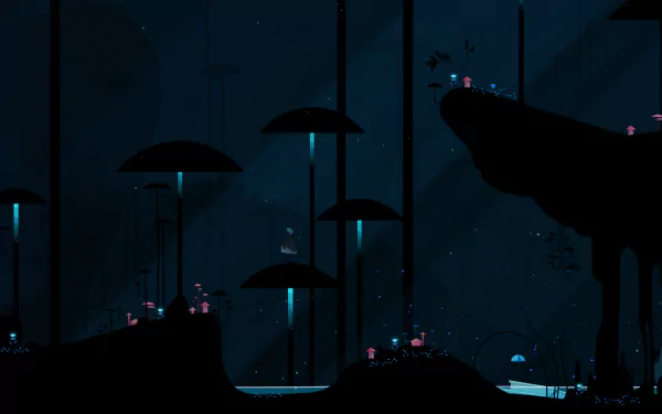HD PC desktop wallpaper featuring a dark, atmospheric scene inspired by the video game Gris, showcasing silhouetted platforms and glowing elements.