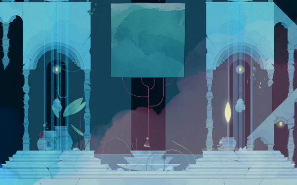 HD PC desktop wallpaper featuring a serene and artistic scene from the video game Gris, showcasing its signature painterly style and calming blue tones.