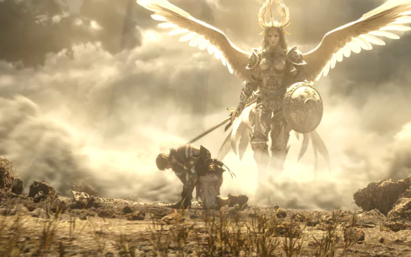 HD PC desktop wallpaper from Final Fantasy XIV: Shadowbringers — a kneeling warrior faces a towering winged armored angel amid golden clouds and a ruined battlefield (video game art).