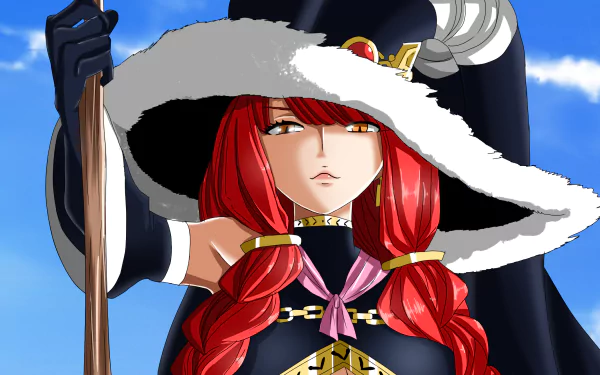 HD anime desktop wallpaper featuring Irene Belserion from Fairy Tail, showcasing her red hair, distinctive hat, and confident expression against a blue sky background.