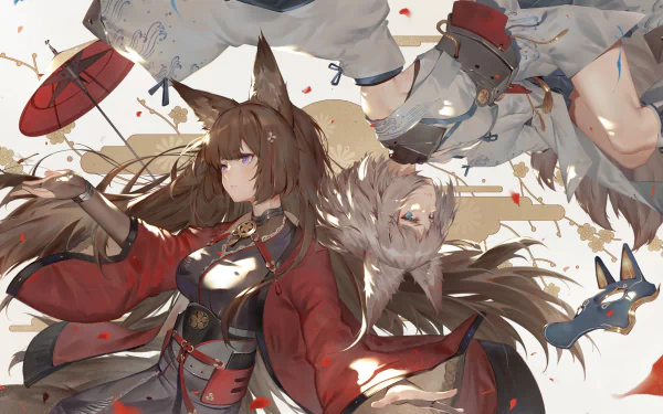 HD desktop wallpaper featuring Amagi and Kaga from Azur Lane, depicted in dynamic poses with intricate red and white costumes, surrounded by falling leaves and fox spirits.