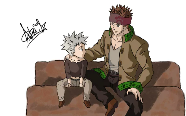 Anime HD PC desktop wallpaper: Zhivago and young Ban from The Seven Deadly Sins sit on a couch, Zhivago resting a hand on Ban's shoulder.