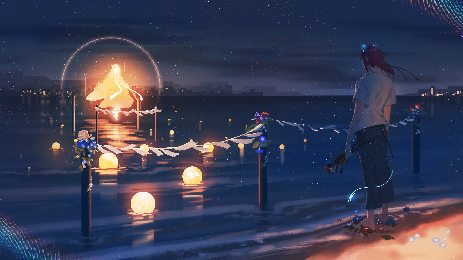 An anime-style HD wallpaper featuring a character with long red hair standing by a lantern-lit waterfront, observing glowing orbs floating on the water against a cityscape backdrop.