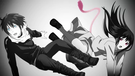 8K Ultra HD PC wallpaper featuring Shiori Saginomiya and Yato from the anime Noragami in dynamic black and white style with subtle color accents.