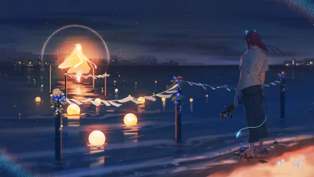 An anime-style HD wallpaper featuring a character with long red hair standing by a lantern-lit waterfront, observing glowing orbs floating on the water against a cityscape backdrop.
