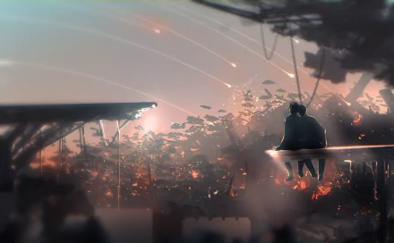 Anime-style city scene with a character watching shooting stars. The character has short hair and sits pensively on a rooftop. The image is a high-definition desktop wallpaper background.