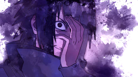 Anime 2K Quad HD desktop wallpaper: close-up of Sasuke Uchiha exposing his Mangekyō Sharingan amid purple ink-splatter background (Naruto).