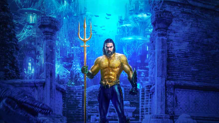 HD PC desktop wallpaper featuring Jason Momoa as Aquaman standing underwater with a trident in a glowing blue aquatic city.