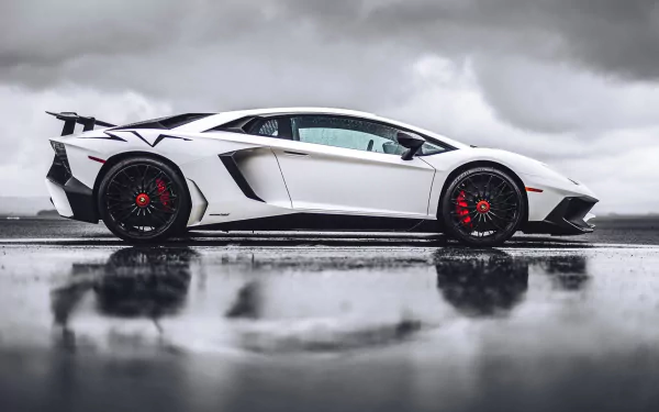 A high-definition desktop wallpaper of a sleek white Lamborghini Aventador SV reflecting on a wet surface under a cloudy sky.