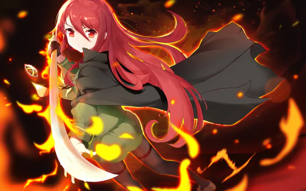 HD anime desktop wallpaper featuring Shana from Shakugan No Shana, her red hair flowing as she wields a fiery sword amidst glowing flames.