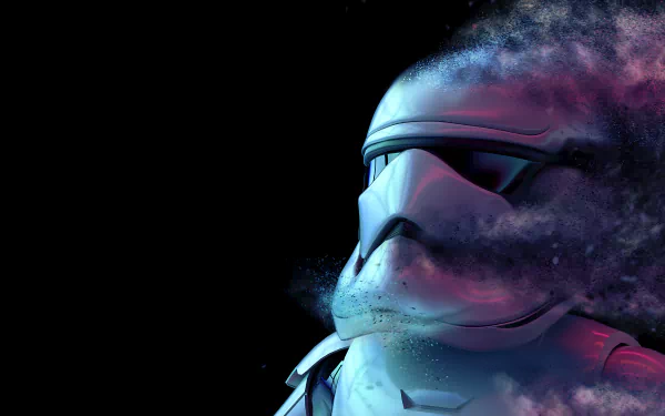 4K Ultra HD PC desktop wallpaper featuring a close-up of a Star Wars stormtrooper helmet with a smoky, cosmic effect against a black background.