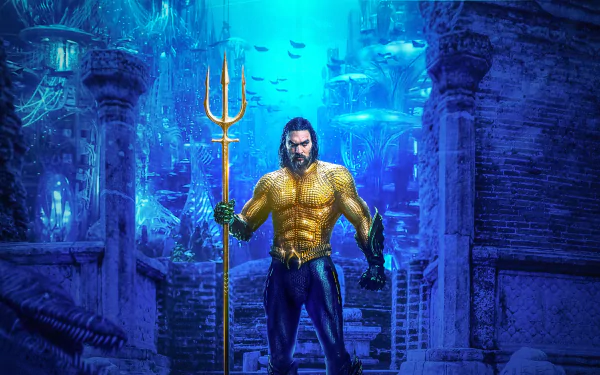 HD PC desktop wallpaper featuring Jason Momoa as Aquaman standing underwater with a trident in a glowing blue aquatic city.