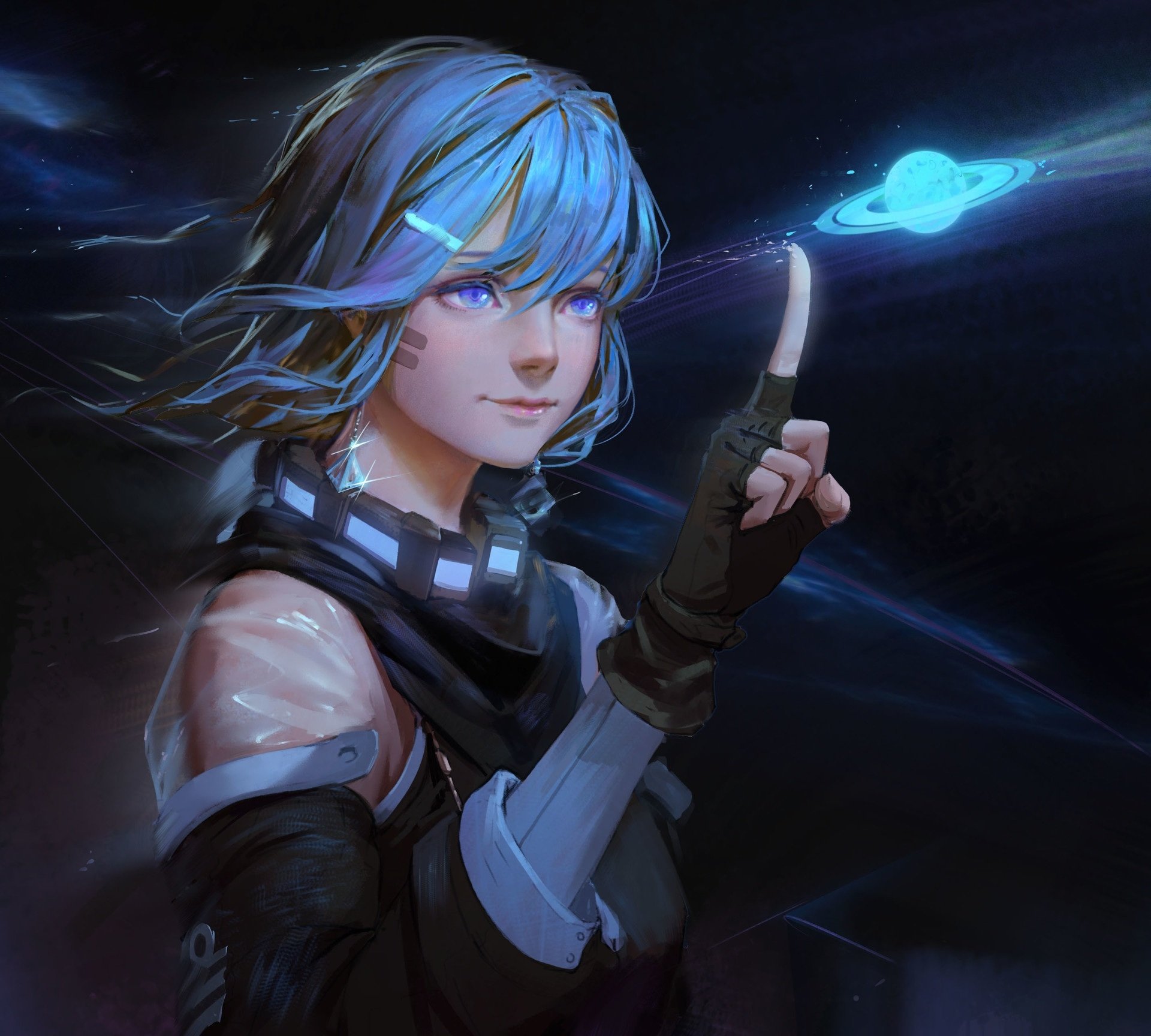 Anime-style character with blue hair and eyes, wearing earrings and a glove, points to a glowing blue planet above their finger in this HD PC desktop wallpaper.