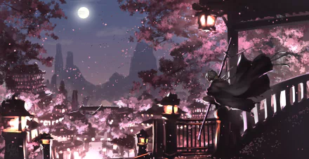 Anime-style HD desktop wallpaper featuring a figure with white braided long hair and a cape, standing under lanterns amidst cherry blossom trees, with a full moon and mountains in the background.