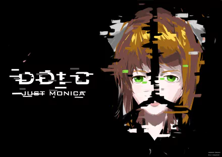 4K Ultra HD PC desktop wallpaper featuring glitch art of Monika from the video game Doki Doki Literature Club!, with fragmented facial features and green eyes on a black background.