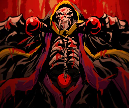 HD PC desktop wallpaper featuring Ainz Ooal Gown from the anime Overlord with dark, intense colors and a powerful pose.