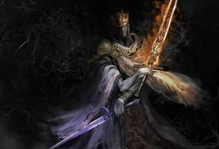 HD PC desktop wallpaper featuring Pontiff Sulyvahn from the video game Dark Souls III, wielding dual swords with a dark, fiery background.