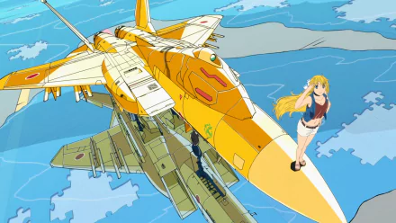 Eagle (Girly Air Force) anime 2K Quad HD PC desktop wallpaper: blonde girl stands on nose of yellow fighter jet above blue sea and islands.