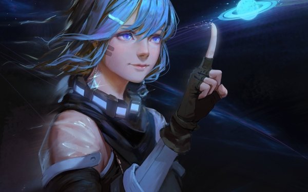 Anime Original Blue Hair Glove Earrings Blue Eyes Planet Finger HD Wallpaper | Background Image