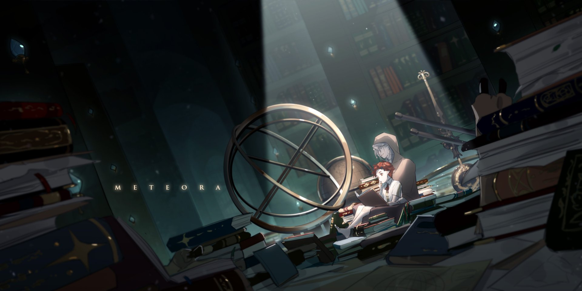 Anime character with grey short hair and orange eyes sits in a dimly lit library surrounded by books. The character with red hair in the background. Tagged: orange eyes, library, Anime, Original.