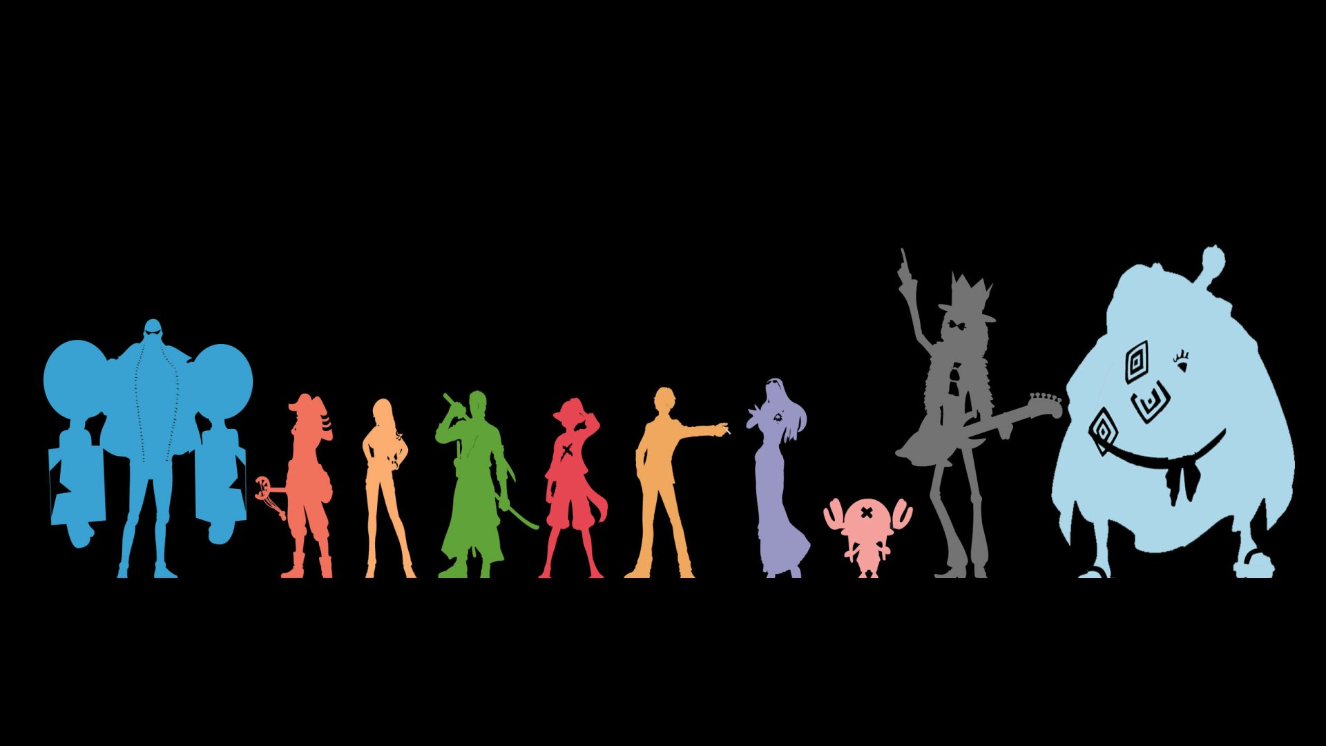 HD PC desktop wallpaper featuring colorful silhouettes of One Piece anime characters against a black background.