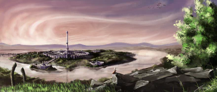 HD fantasy cityscape wallpaper depicting a sprawling city by a river under a purple sky, viewed from a rocky, grassy foreground with distant mountains.