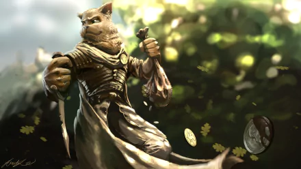 HD PC desktop wallpaper featuring a Khajiit warrior from The Elder Scrolls V: Skyrim, poised with a dagger and bag of coins in a vibrant, sunlit forest setting.