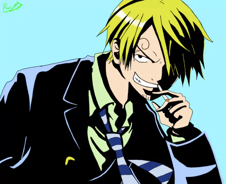 HD PC desktop wallpaper featuring Sanji from the anime One Piece with a confident expression, wearing a suit and holding a cigarette.