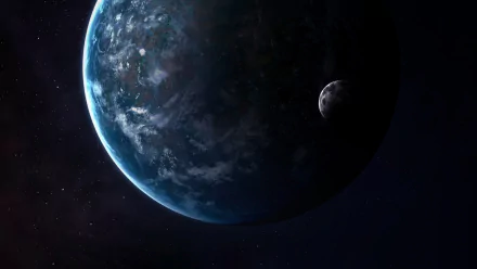 HD sci-fi desktop wallpaper depicting a detailed planet with clouds and a smaller moon against a dark space background.