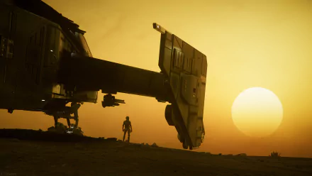 4K Ultra HD PC desktop wallpaper featuring a Star Citizen spaceship and a lone figure silhouetted against a golden sunset in a video game landscape.