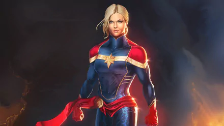 HD PC desktop wallpaper featuring a powerful comic-style Captain Marvel in her iconic blue and red suit, glowing with energy against a dark background.