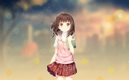 An HD anime wallpaper featuring a girl in a pink top and red plaid skirt, standing under a rainy sky with a blurred, illuminated background.