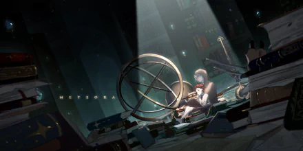 Anime character with grey short hair and orange eyes sits in a dimly lit library surrounded by books. The character with red hair in the background. Tagged: orange eyes, library, Anime, Original.