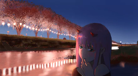 HD desktop wallpaper featuring Zero Two from Darling in the FranXX anime. The image shows her by a riverbank at night, under trees adorned with glowing lights.